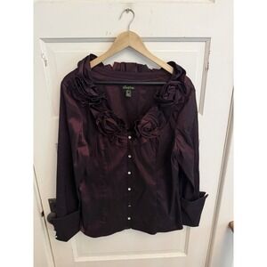 Cartise Women's Purple Floral Collared Button Down Blouse French Cuffs Size 14